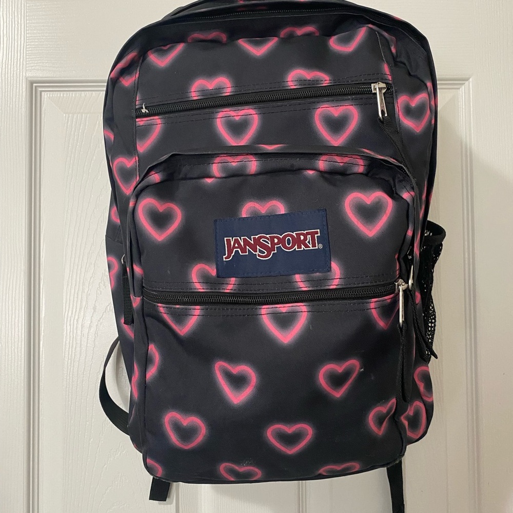 JanSport Black Backpack with Pink Heart Design
